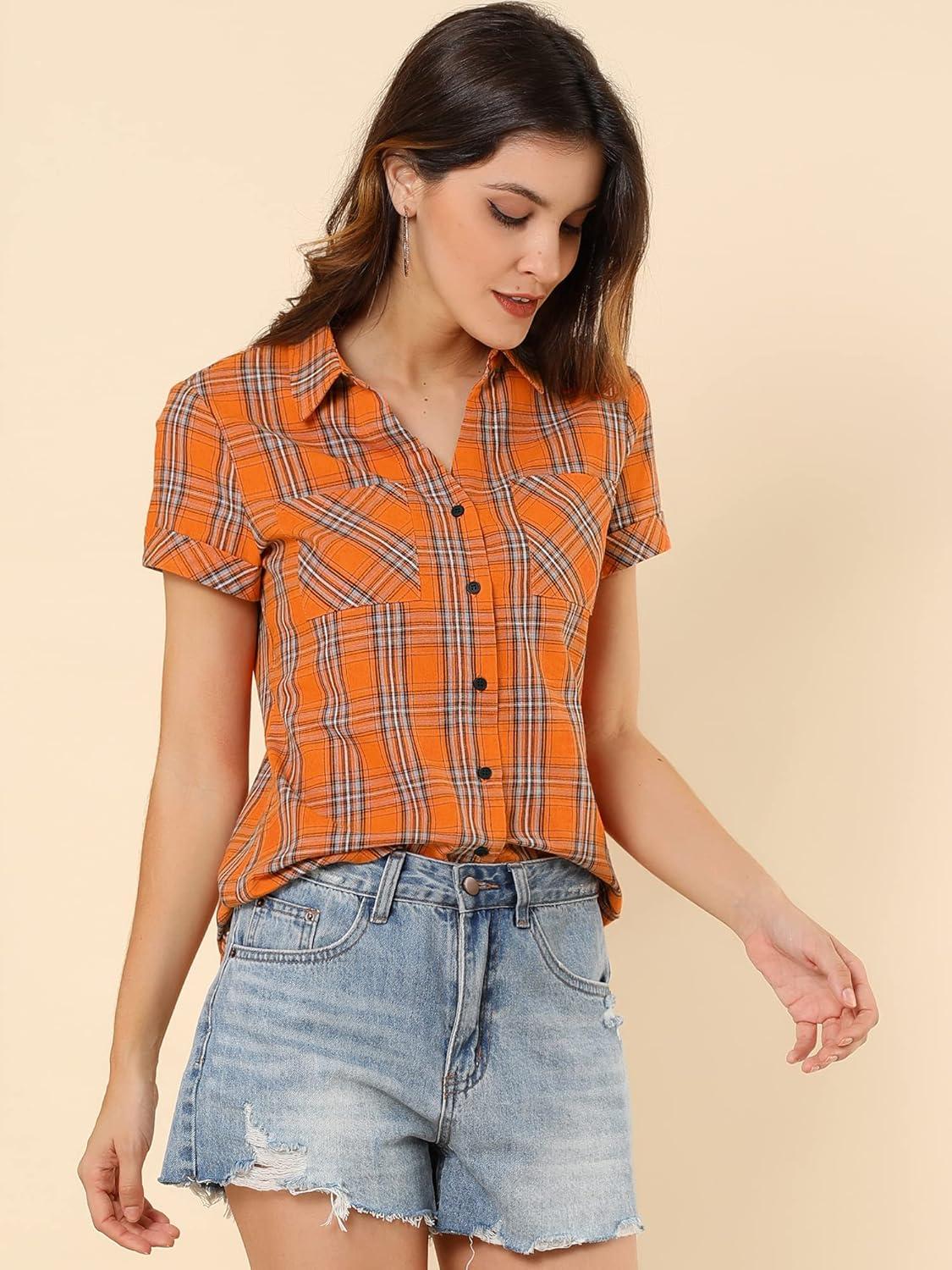 imageAllegra K Womens Cotton Classic Button Down Western Plaid ShirtOrange