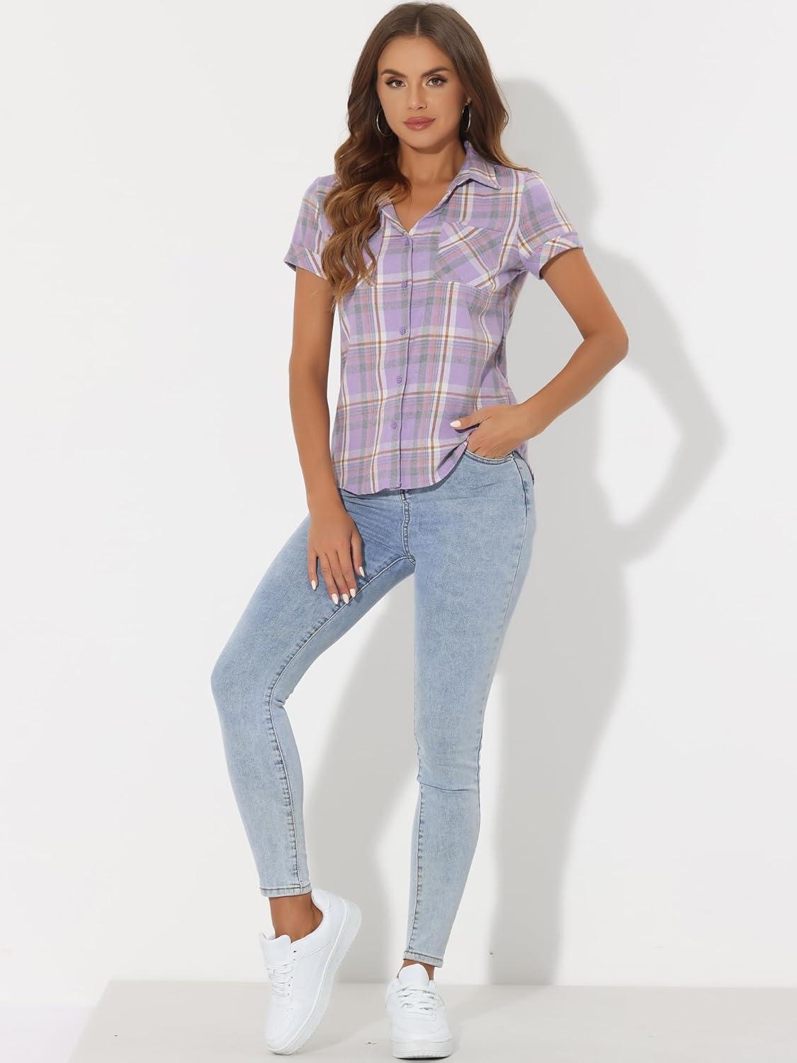 imageAllegra K Womens Cotton Classic Button Down Western Plaid ShirtPastel Purple