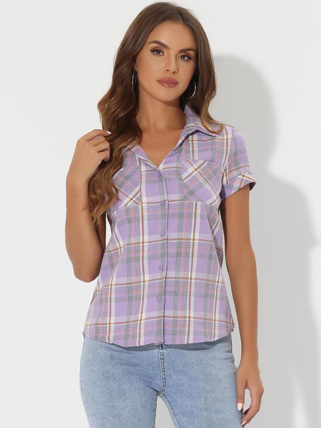 imageAllegra K Womens Cotton Classic Button Down Western Plaid ShirtPastel Purple
