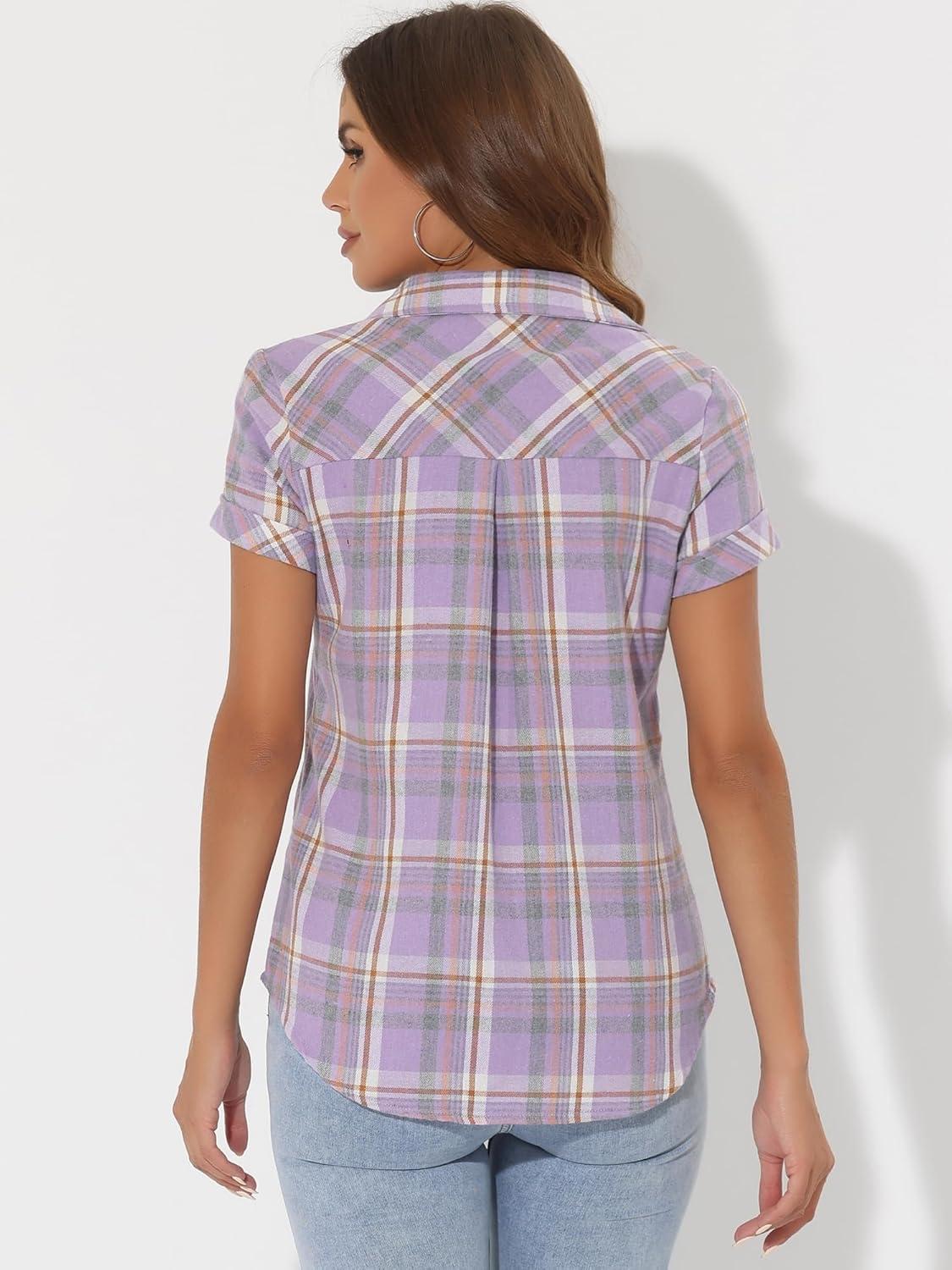 imageAllegra K Womens Cotton Classic Button Down Western Plaid ShirtPastel Purple