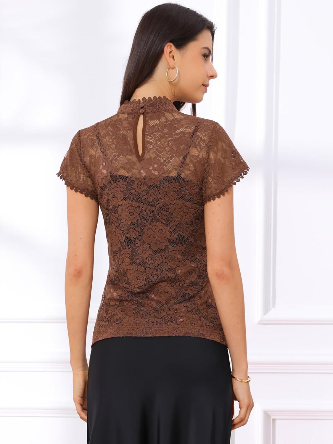 imageAllegra K Womens Elegant Floral Lace Blouse Short Sleeve Keyhole Back Fitted Semi Sheer TopBrown