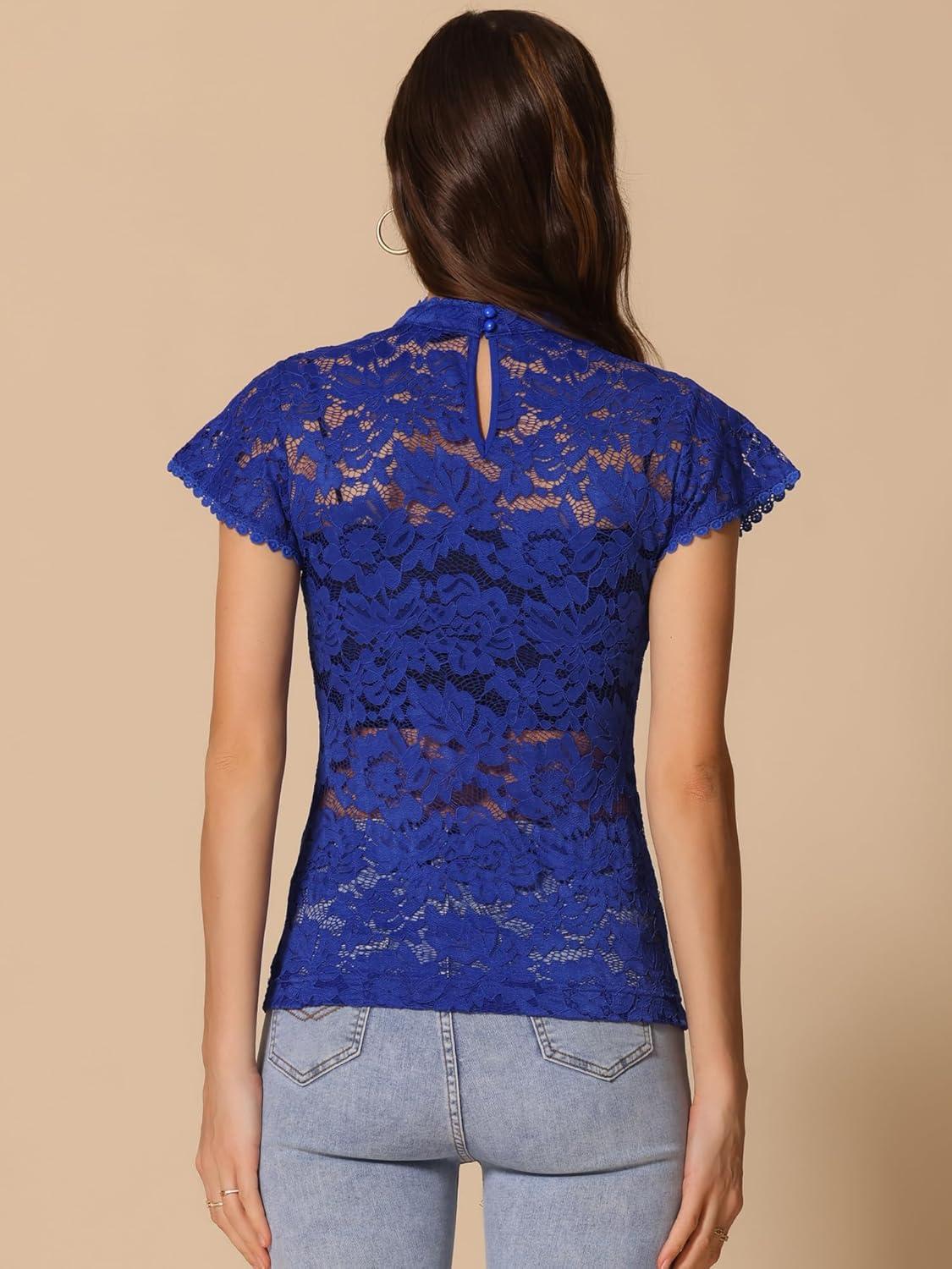 imageAllegra K Womens Elegant Floral Lace Blouse Short Sleeve Keyhole Back Fitted Semi Sheer TopDark Blue