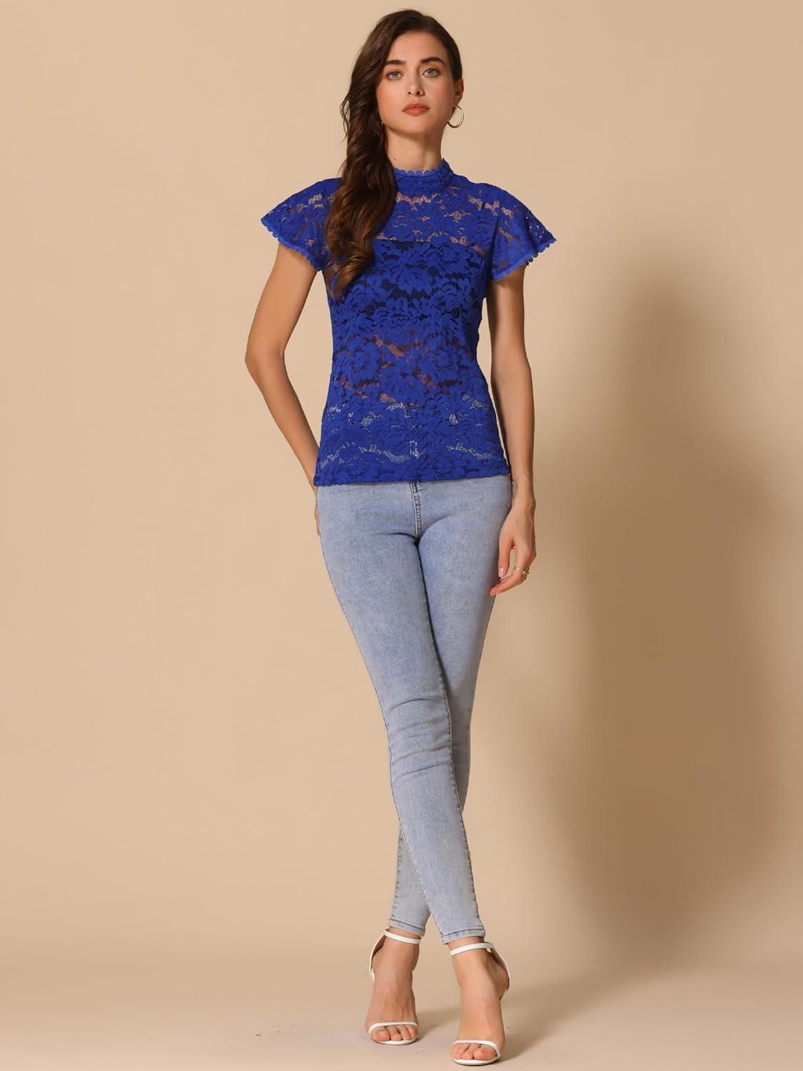 imageAllegra K Womens Elegant Floral Lace Blouse Short Sleeve Keyhole Back Fitted Semi Sheer TopDark Blue