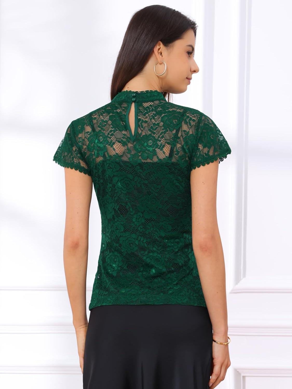 imageAllegra K Womens Elegant Floral Lace Blouse Short Sleeve Keyhole Back Fitted Semi Sheer TopGreen