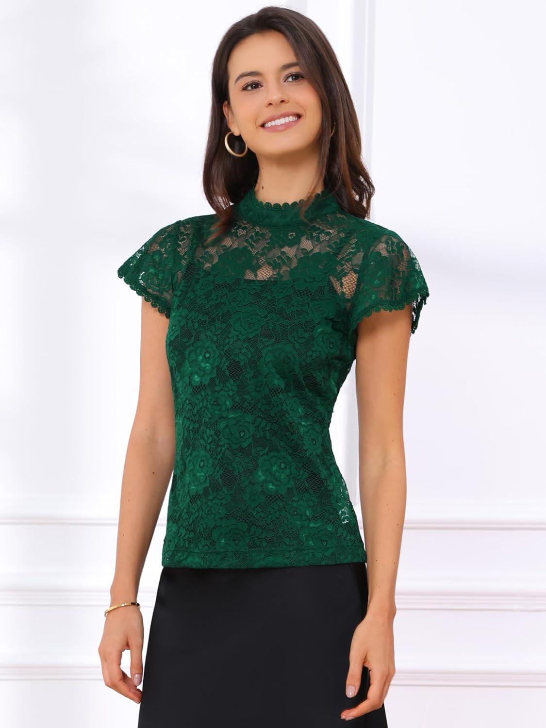 imageAllegra K Womens Elegant Floral Lace Blouse Short Sleeve Keyhole Back Fitted Semi Sheer TopGreen
