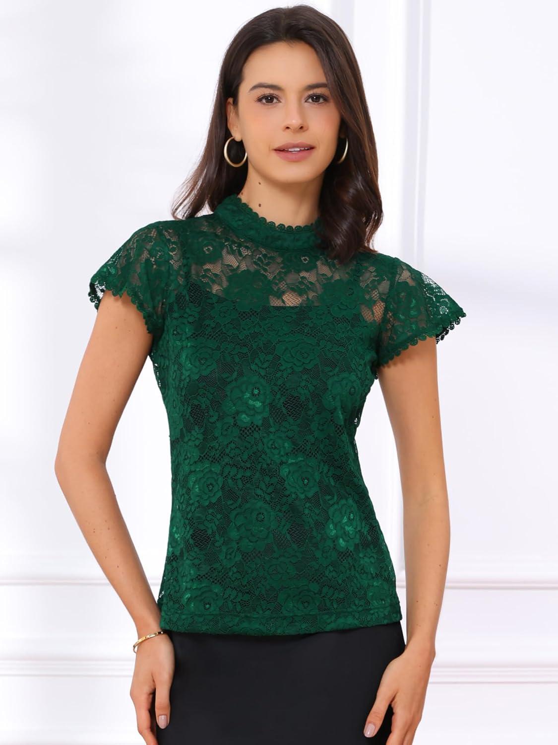 imageAllegra K Womens Elegant Floral Lace Blouse Short Sleeve Keyhole Back Fitted Semi Sheer TopGreen