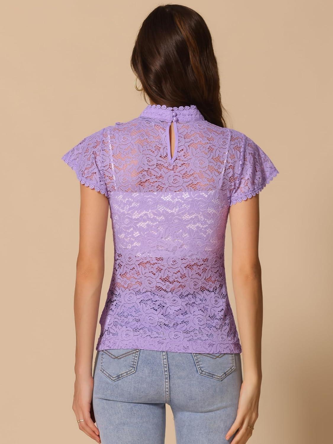 imageAllegra K Womens Elegant Floral Lace Blouse Short Sleeve Keyhole Back Fitted Semi Sheer TopLight Purple