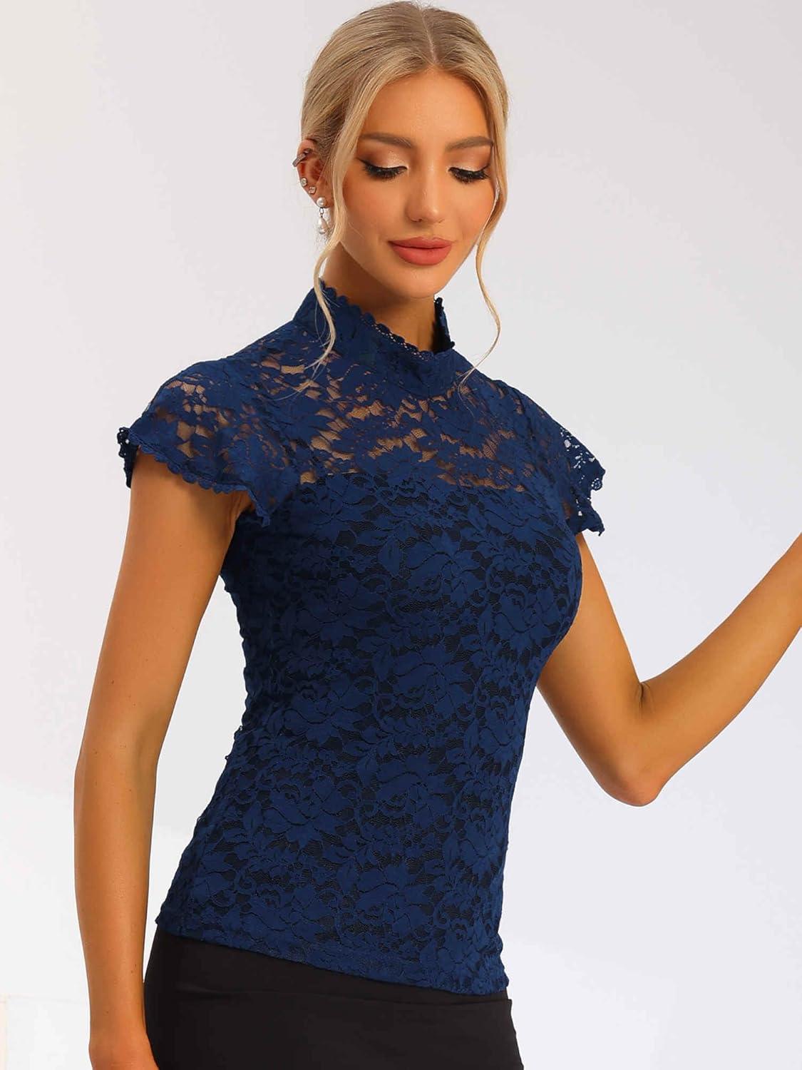imageAllegra K Womens Elegant Floral Lace Blouse Short Sleeve Keyhole Back Fitted Semi Sheer TopNavy Blue