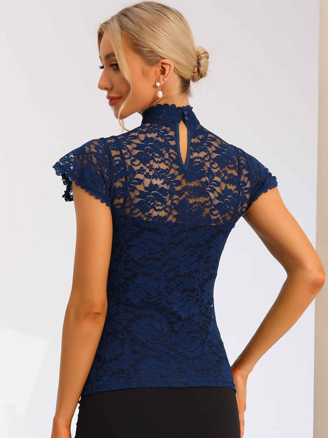 imageAllegra K Womens Elegant Floral Lace Blouse Short Sleeve Keyhole Back Fitted Semi Sheer TopNavy Blue