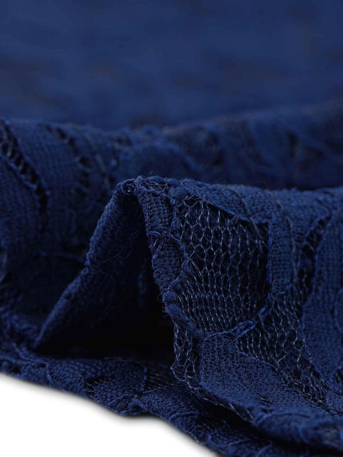 imageAllegra K Womens Elegant Floral Lace Blouse Short Sleeve Keyhole Back Fitted Semi Sheer TopNavy Blue
