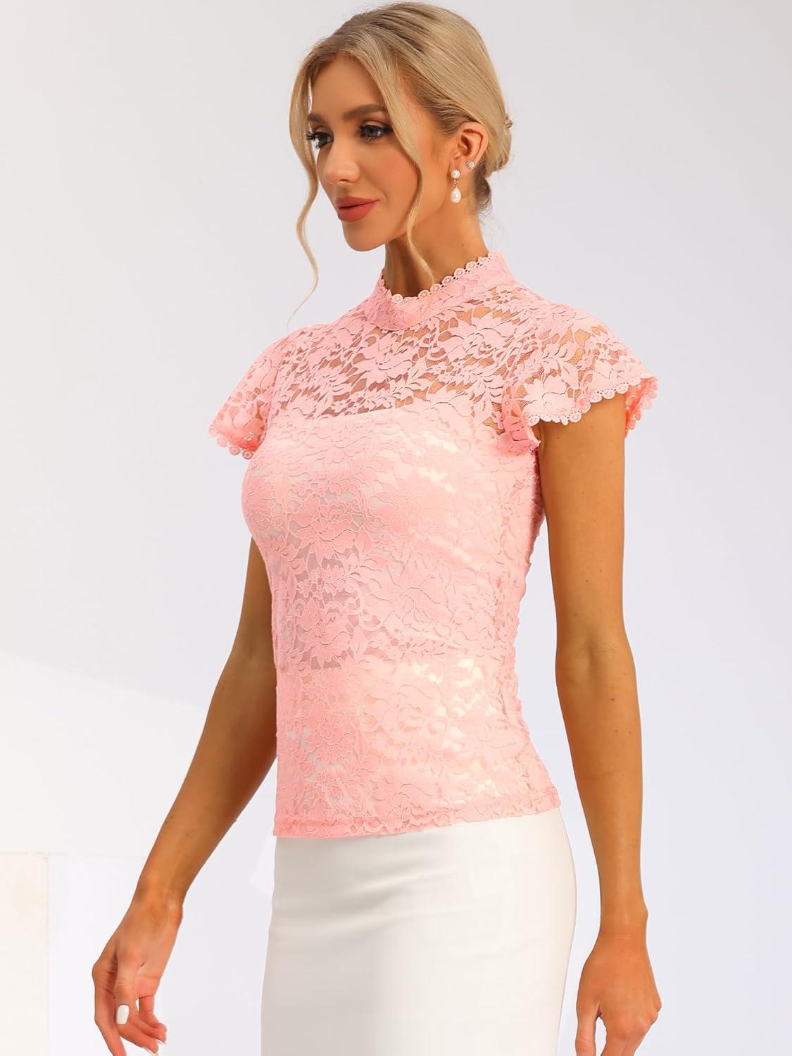 imageAllegra K Womens Elegant Floral Lace Blouse Short Sleeve Keyhole Back Fitted Semi Sheer TopPinks