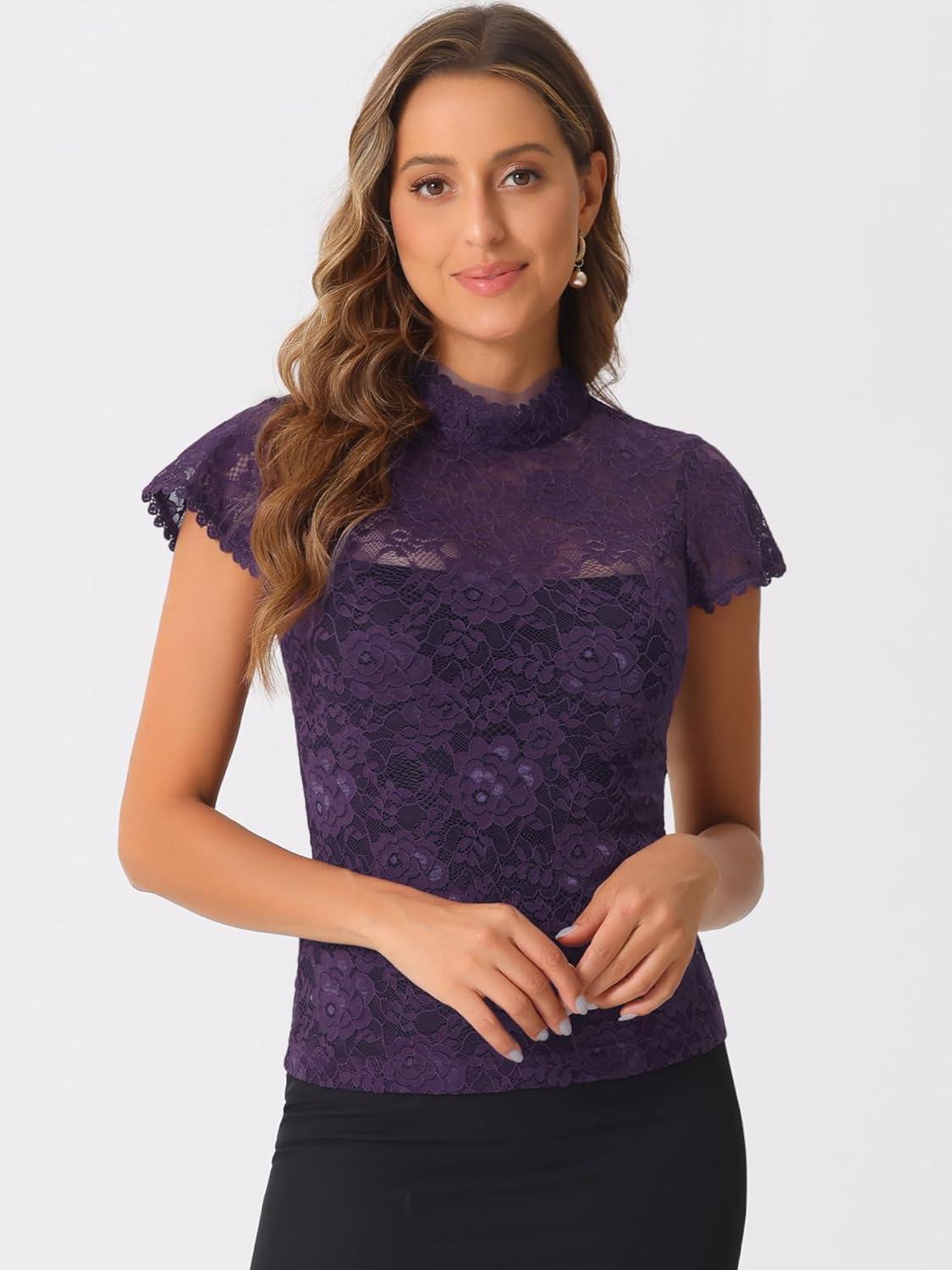 imageAllegra K Womens Elegant Floral Lace Blouse Short Sleeve Keyhole Back Fitted Semi Sheer TopPurple