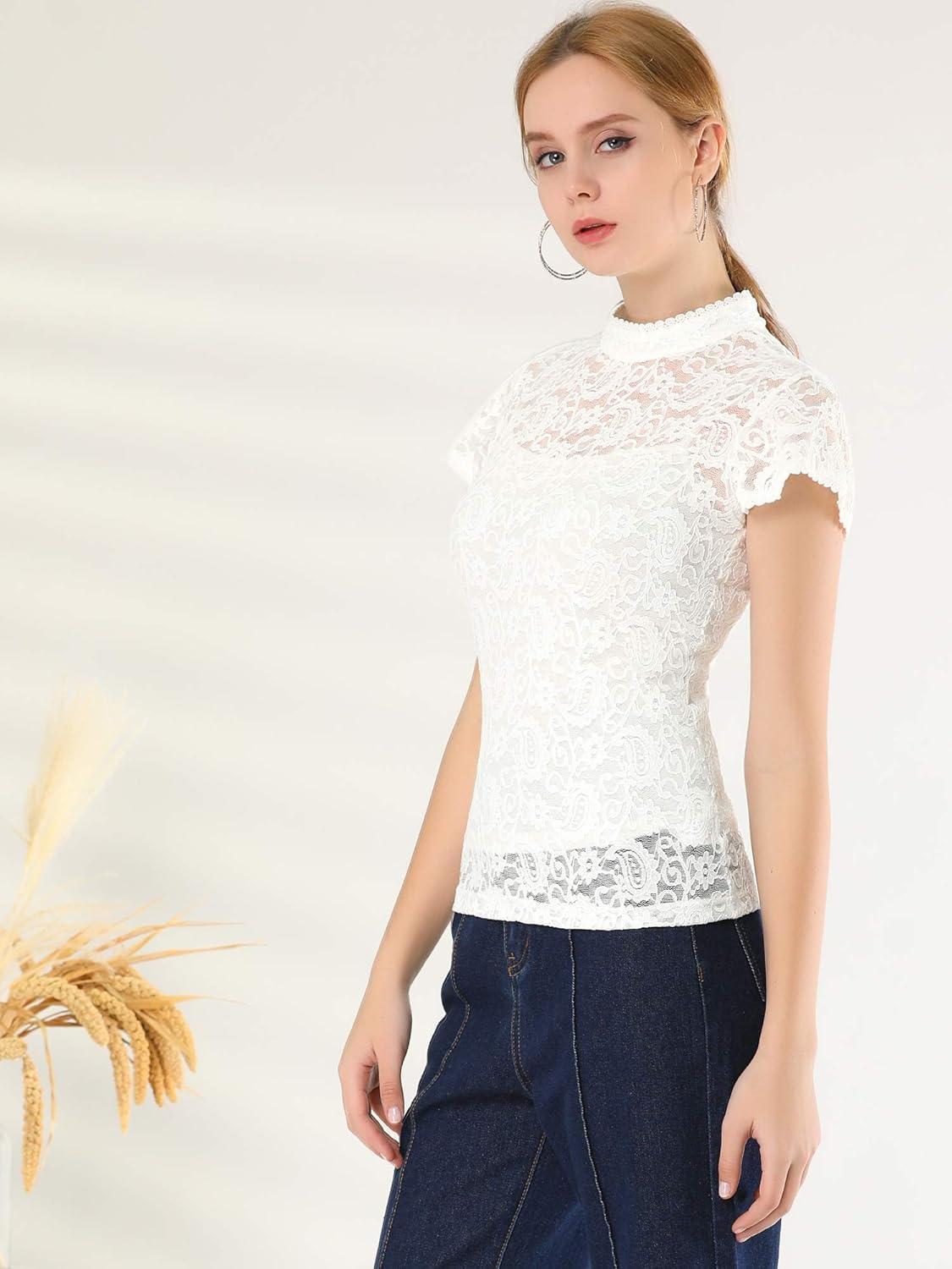 imageAllegra K Womens Elegant Floral Lace Blouse Short Sleeve Keyhole Back Fitted Semi Sheer TopWhite