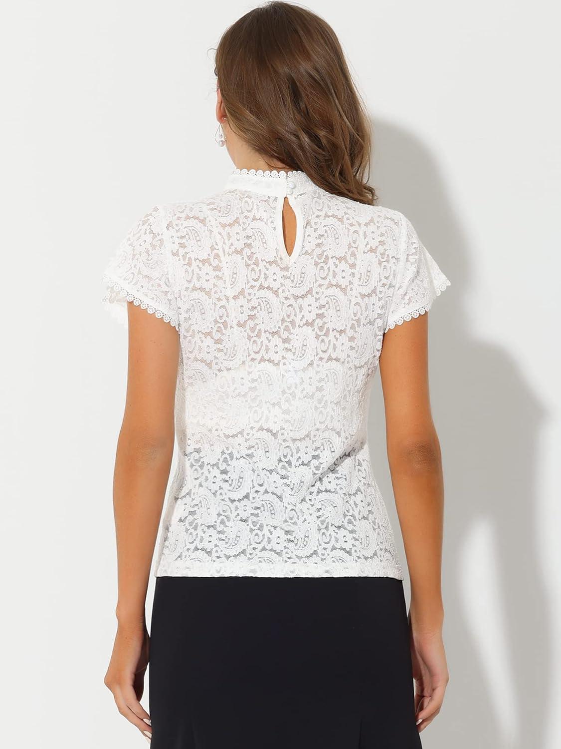 imageAllegra K Womens Elegant Floral Lace Blouse Short Sleeve Keyhole Back Fitted Semi Sheer TopWhite