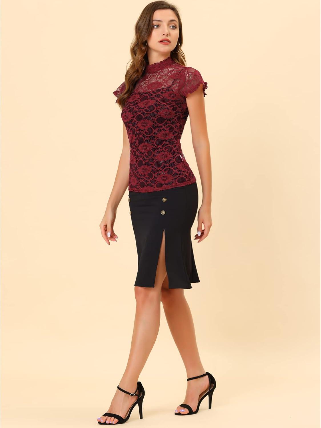 imageAllegra K Womens Elegant Floral Lace Blouse Short Sleeve Keyhole Back Fitted Semi Sheer TopWine