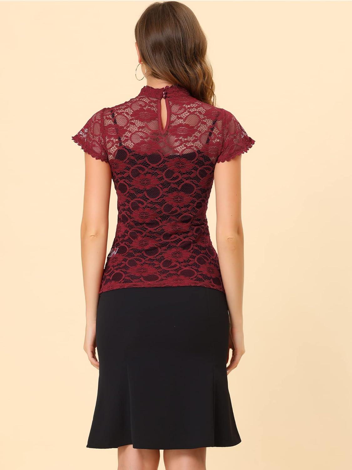 imageAllegra K Womens Elegant Floral Lace Blouse Short Sleeve Keyhole Back Fitted Semi Sheer TopWine