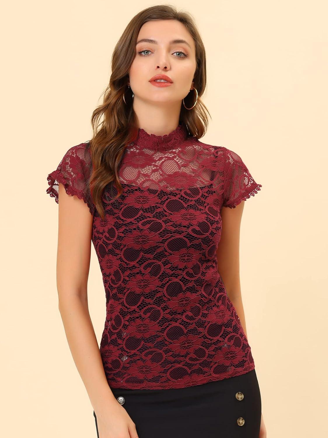 imageAllegra K Womens Elegant Floral Lace Blouse Short Sleeve Keyhole Back Fitted Semi Sheer TopWine
