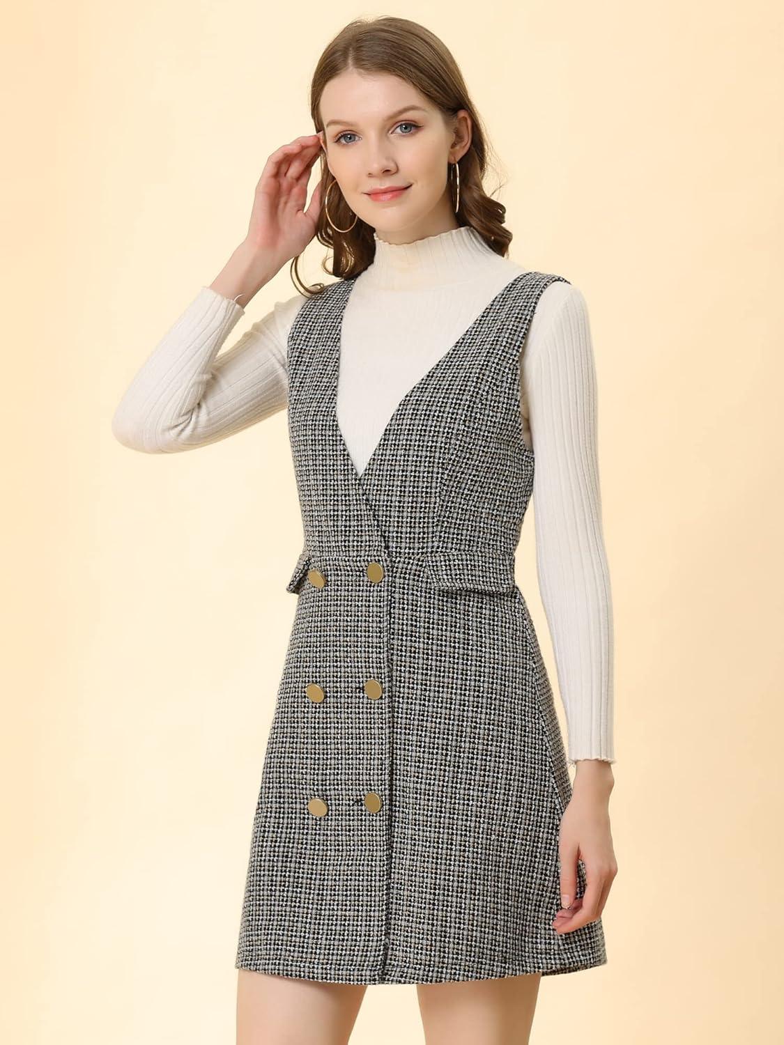 imageAllegra K Womens Elegant Vintage Button Front V Neck Plaid Tweed Overalls Pinafore DressApricot