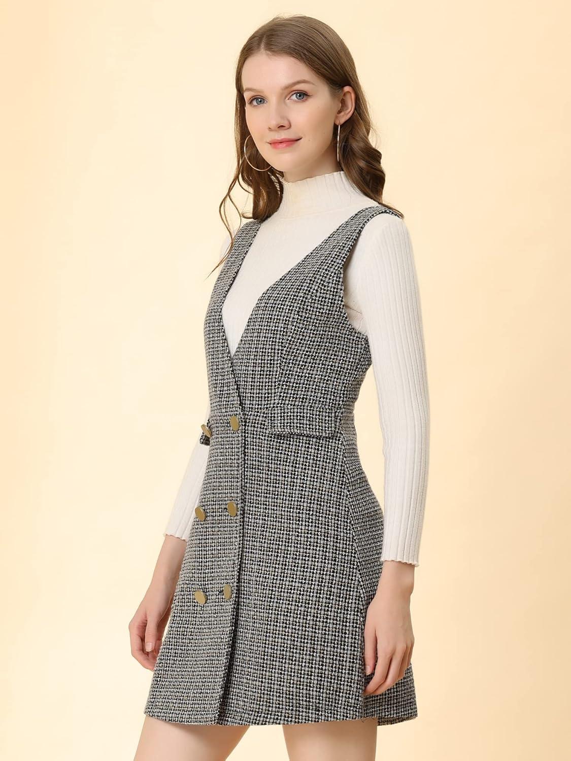 imageAllegra K Womens Elegant Vintage Button Front V Neck Plaid Tweed Overalls Pinafore DressApricot
