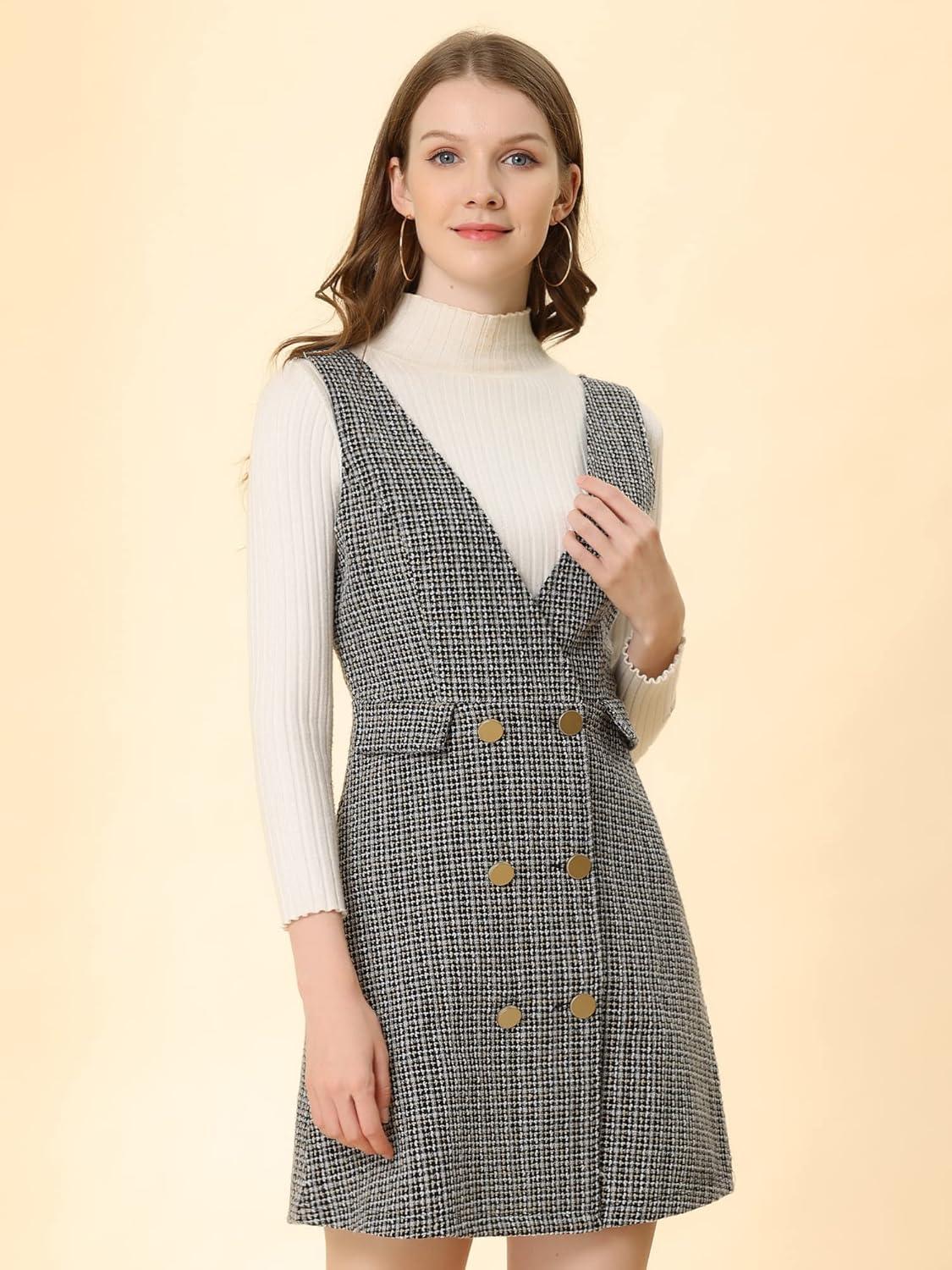 imageAllegra K Womens Elegant Vintage Button Front V Neck Plaid Tweed Overalls Pinafore DressApricot