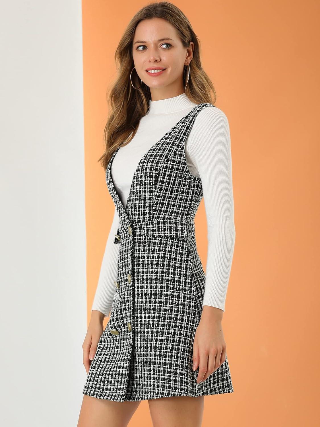 imageAllegra K Womens Elegant Vintage Button Front V Neck Plaid Tweed Overalls Pinafore DressBlack