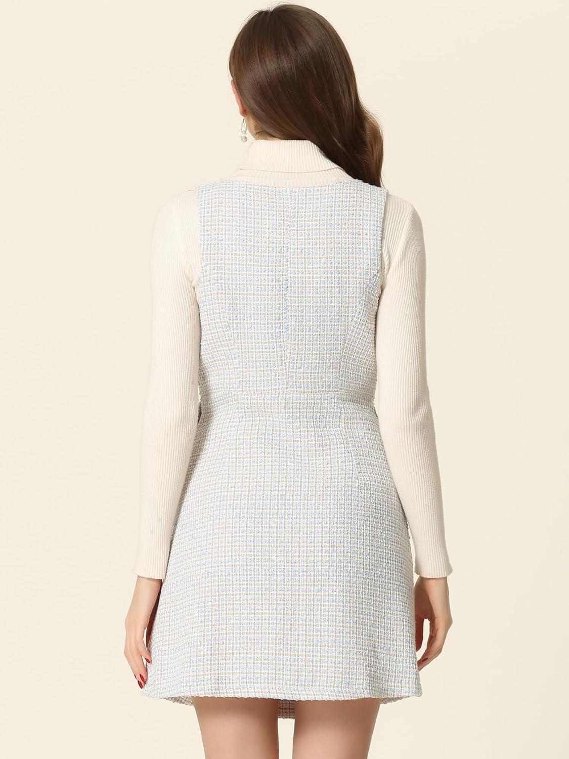 imageAllegra K Womens Elegant Vintage Button Front V Neck Plaid Tweed Overalls Pinafore DressGrey Blue