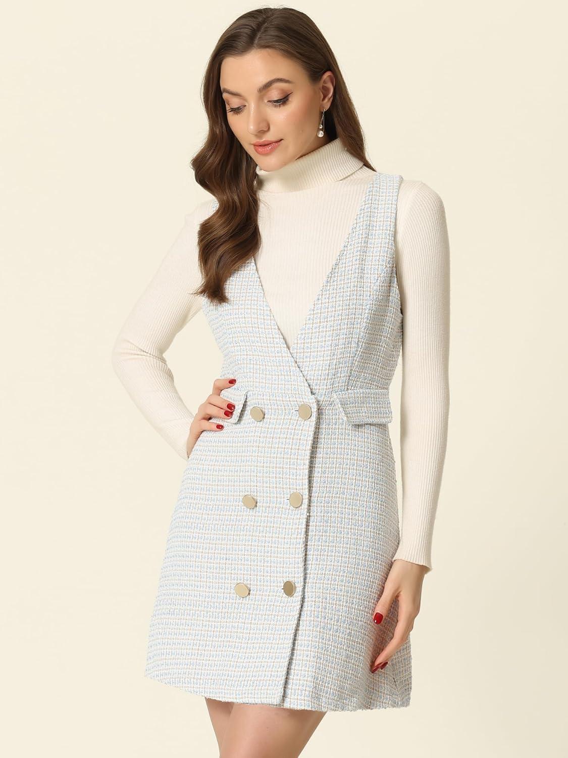 imageAllegra K Womens Elegant Vintage Button Front V Neck Plaid Tweed Overalls Pinafore DressGrey Blue