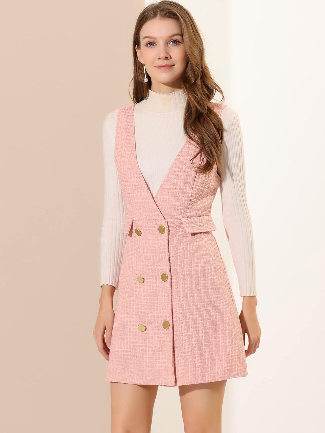 imageAllegra K Womens Elegant Vintage Button Front V Neck Plaid Tweed Overalls Pinafore DressPink