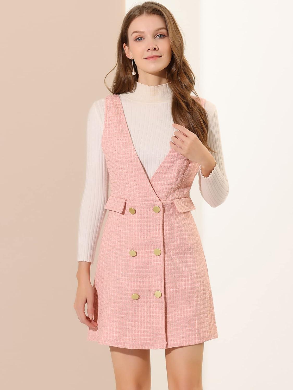 imageAllegra K Womens Elegant Vintage Button Front V Neck Plaid Tweed Overalls Pinafore DressPink