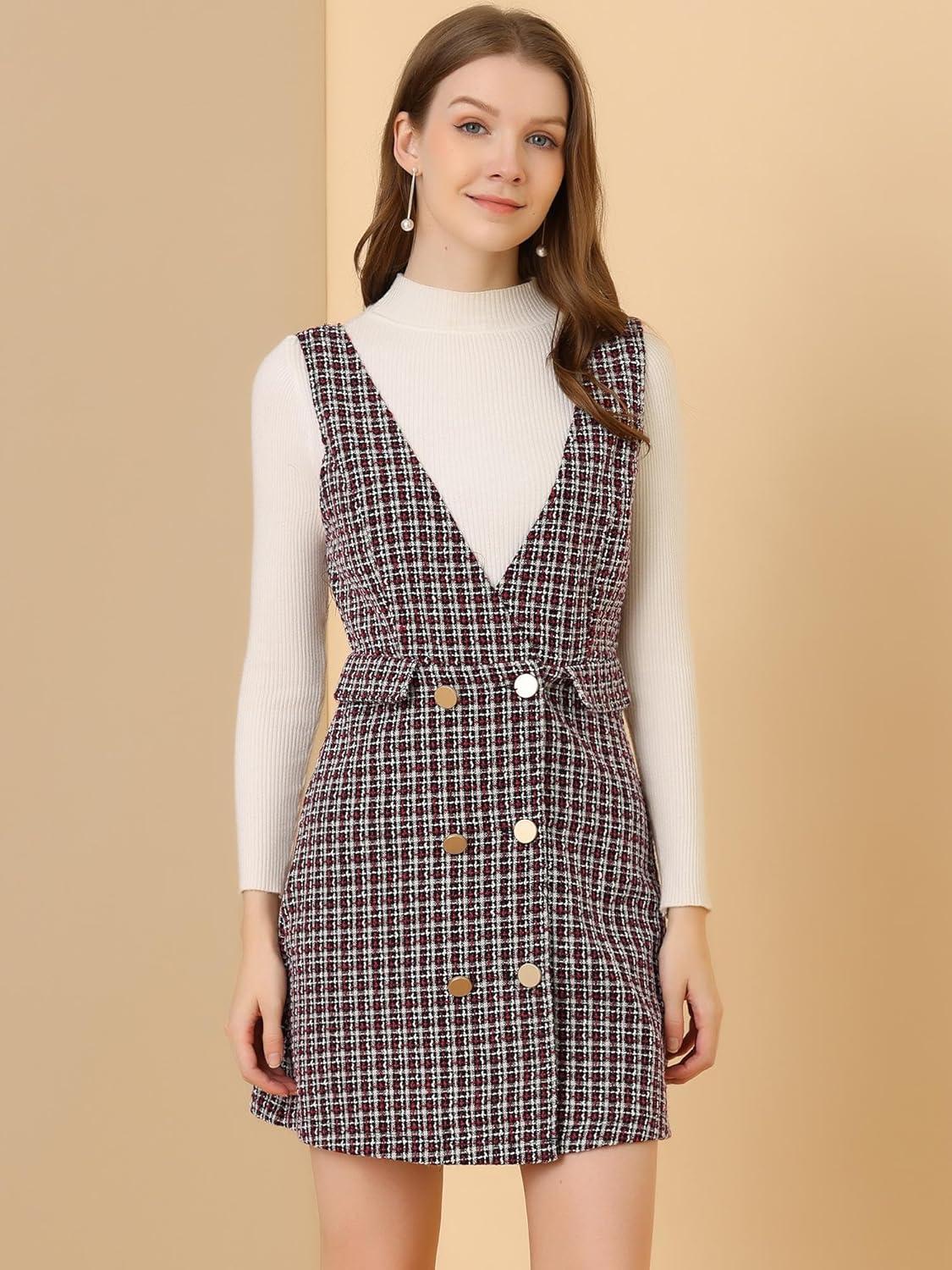 imageAllegra K Womens Elegant Vintage Button Front V Neck Plaid Tweed Overalls Pinafore DressRed