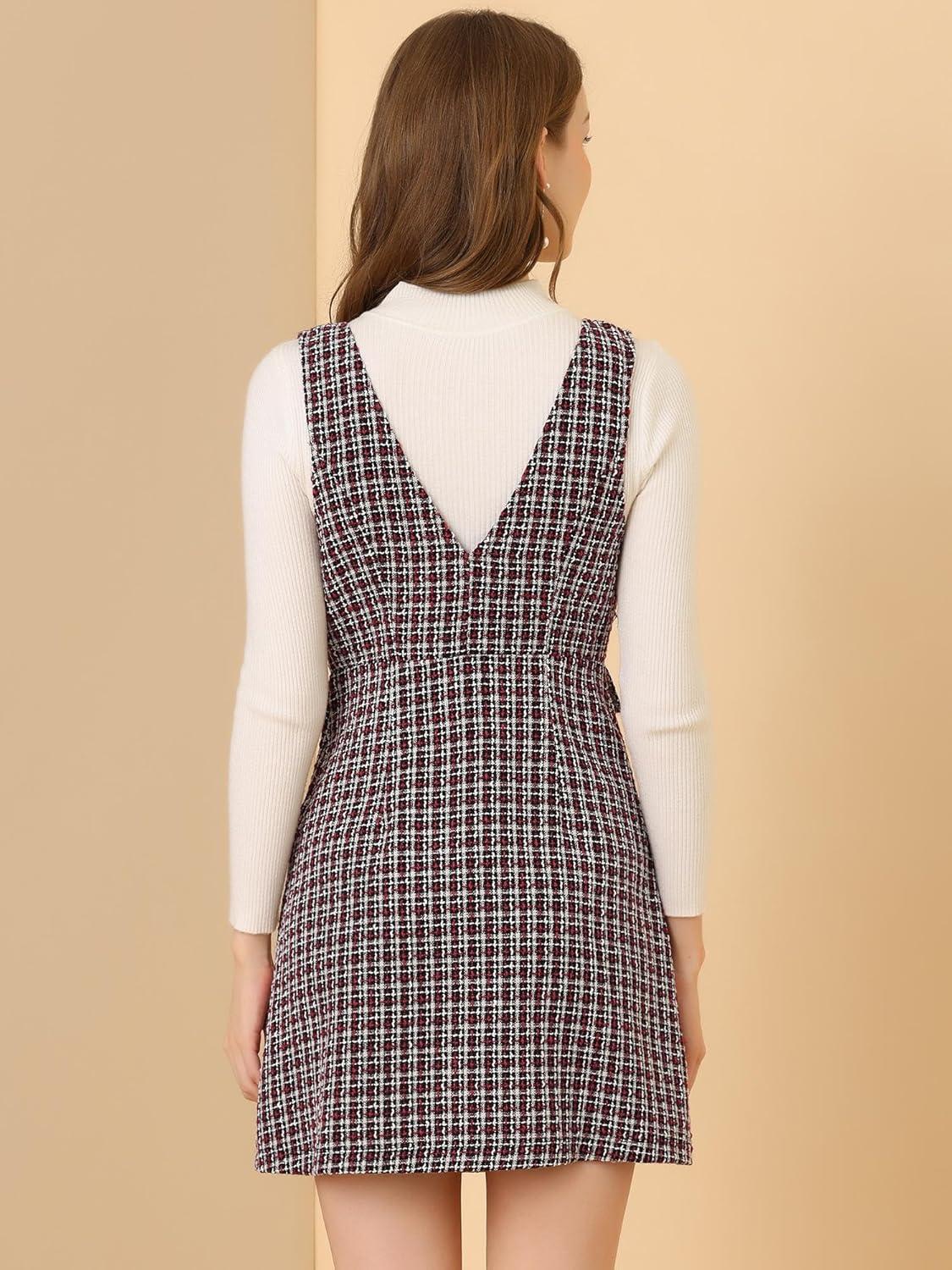 imageAllegra K Womens Elegant Vintage Button Front V Neck Plaid Tweed Overalls Pinafore DressRed