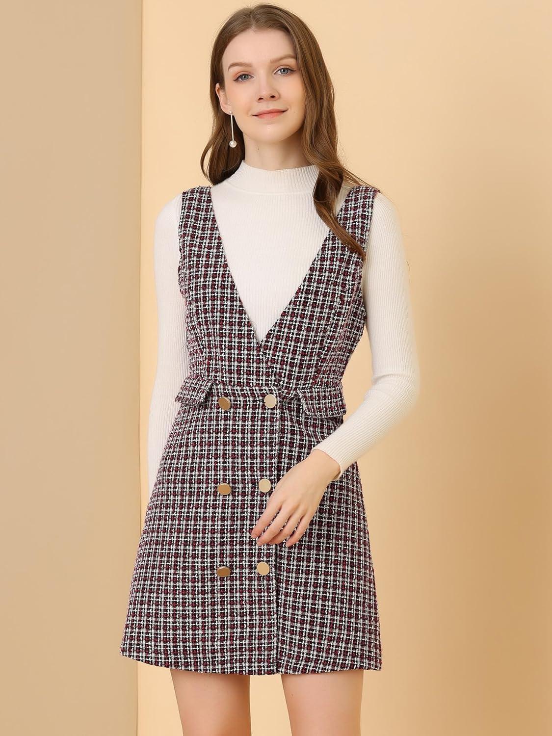 imageAllegra K Womens Elegant Vintage Button Front V Neck Plaid Tweed Overalls Pinafore DressRed