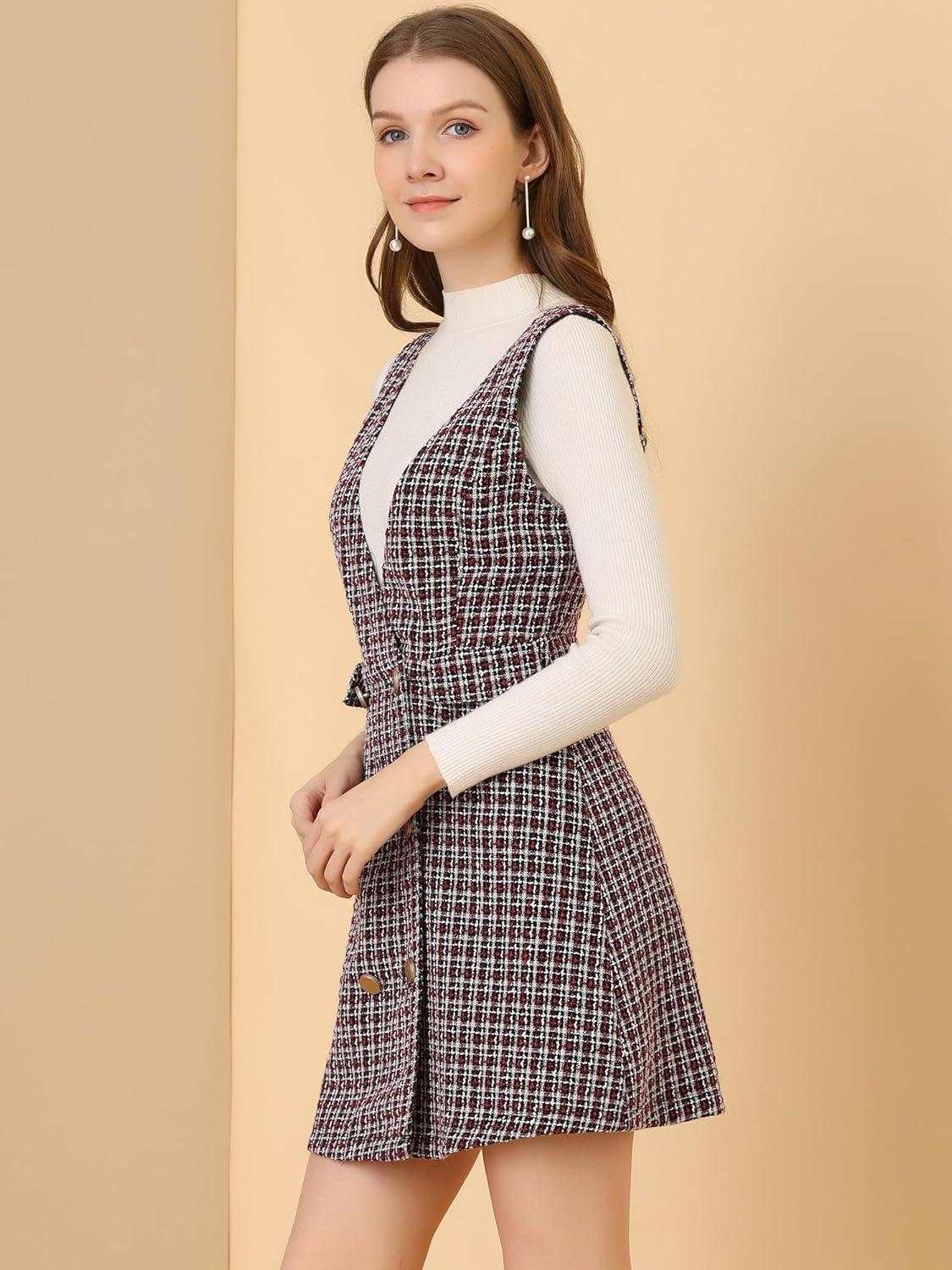 imageAllegra K Womens Elegant Vintage Button Front V Neck Plaid Tweed Overalls Pinafore DressRed
