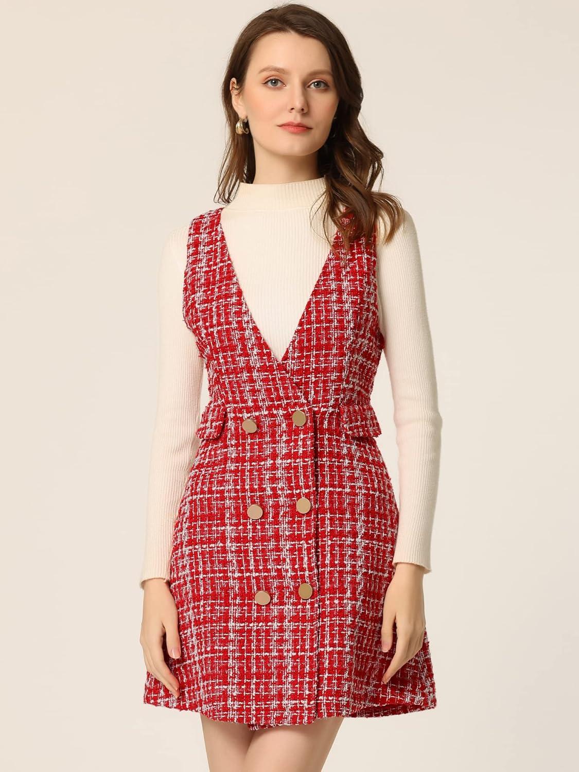 imageAllegra K Womens Elegant Vintage Button Front V Neck Plaid Tweed Overalls Pinafore DressReds