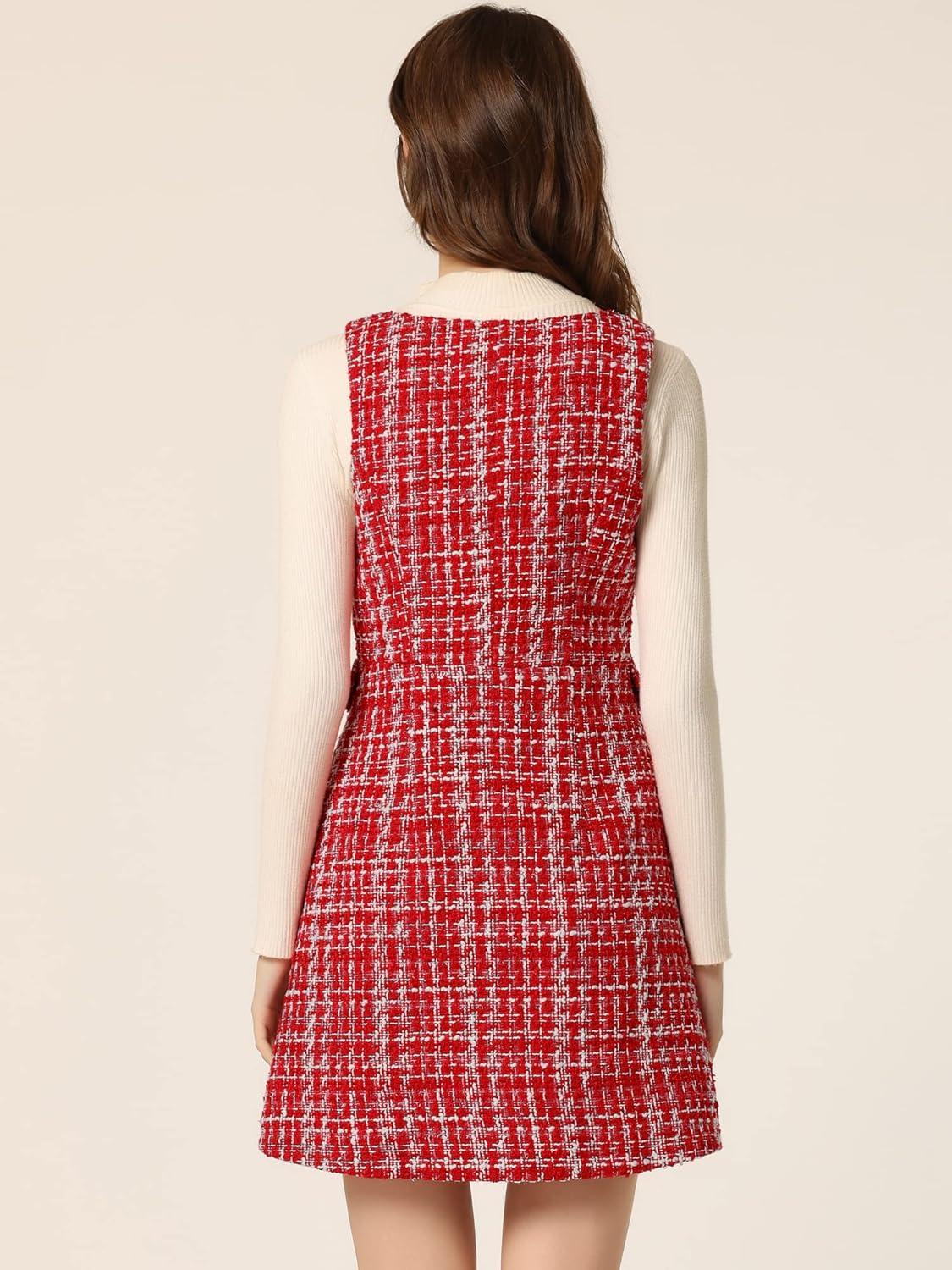 imageAllegra K Womens Elegant Vintage Button Front V Neck Plaid Tweed Overalls Pinafore DressReds