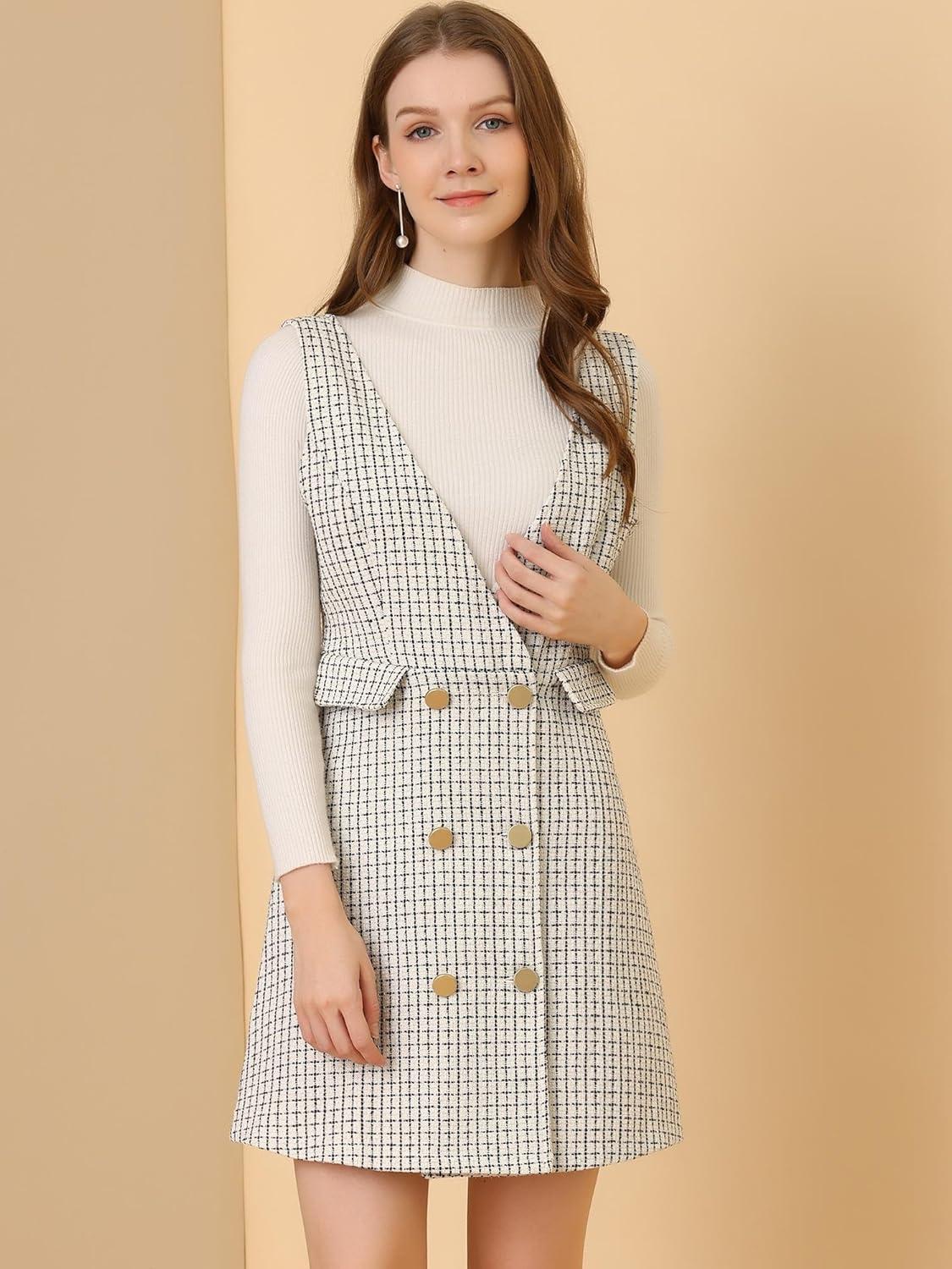 imageAllegra K Womens Elegant Vintage Button Front V Neck Plaid Tweed Overalls Pinafore DressWhite