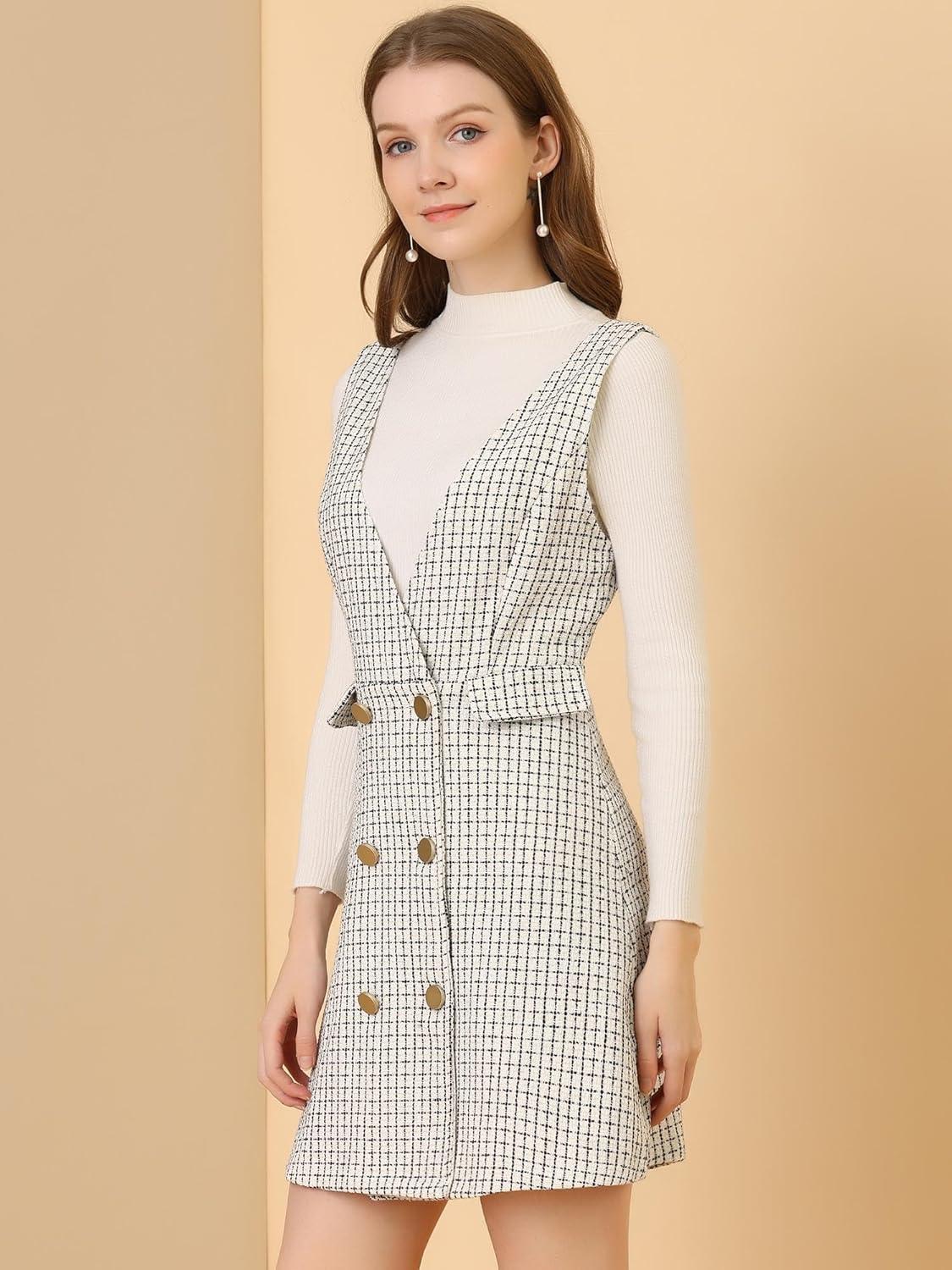 imageAllegra K Womens Elegant Vintage Button Front V Neck Plaid Tweed Overalls Pinafore DressWhite