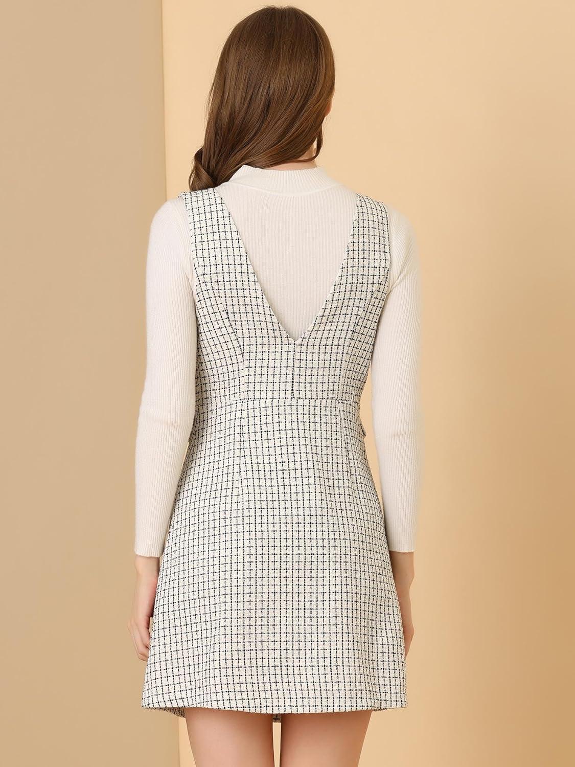 imageAllegra K Womens Elegant Vintage Button Front V Neck Plaid Tweed Overalls Pinafore DressWhite