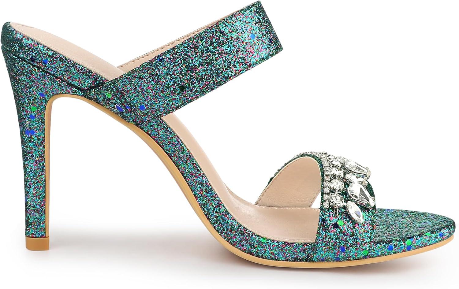 imageAllegra K Womens Glitter Rhinestone Stiletto Heels SandalsGreen