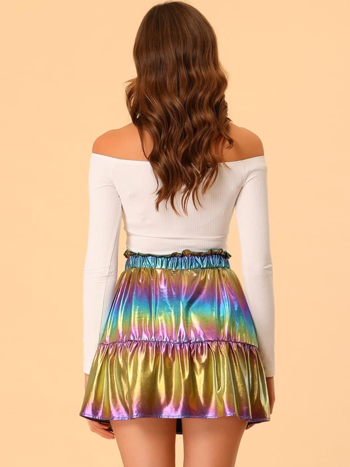imageAllegra K Womens Metallic Mini Skirt Shiny Ruffle High Waist ALine SkirtsPurple