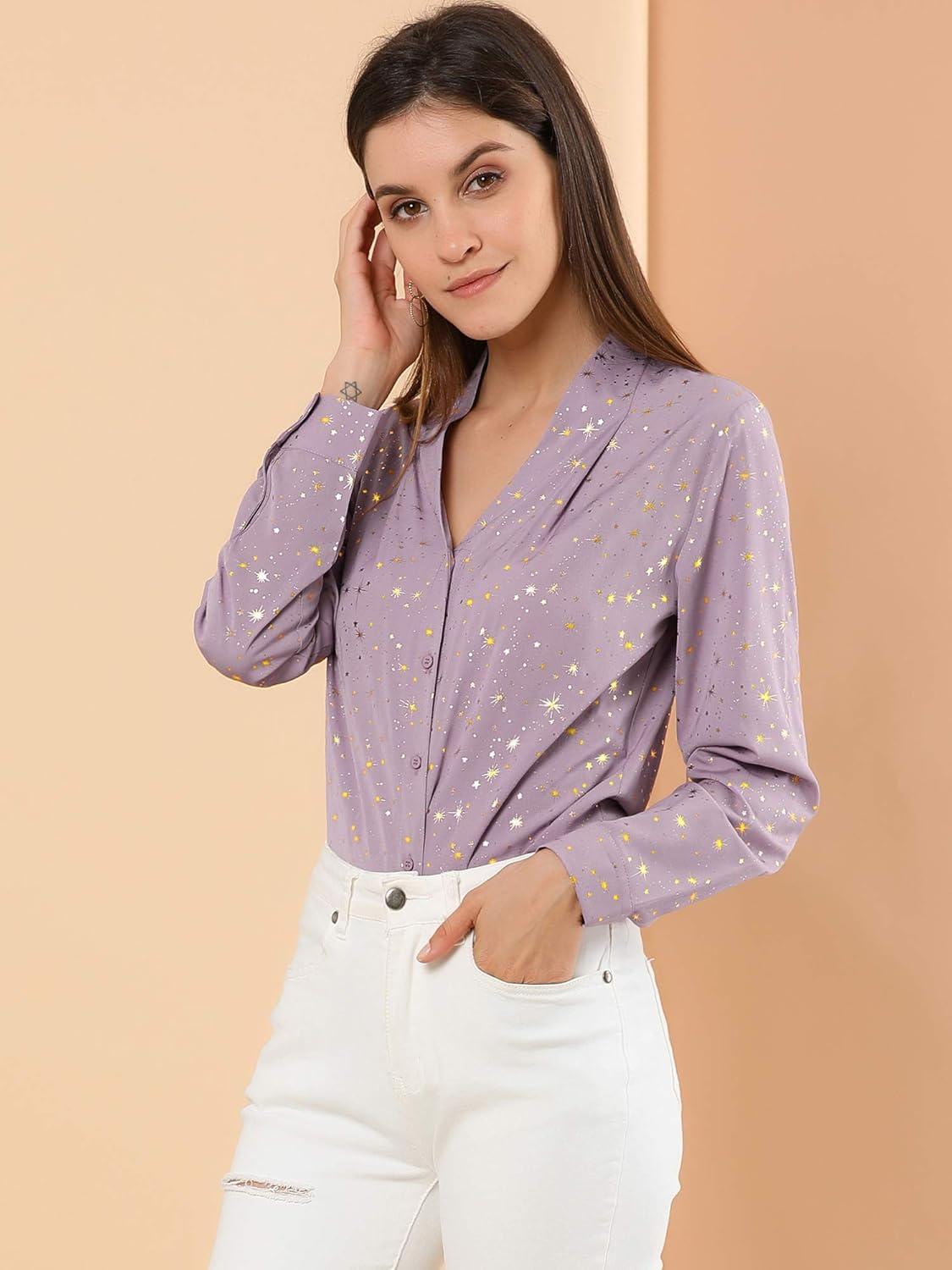 imageAllegra K Womens Metallic Patterned Blouse V Neck Long Sleeve Gilding Sparkly Dots Star TopDark Purple
