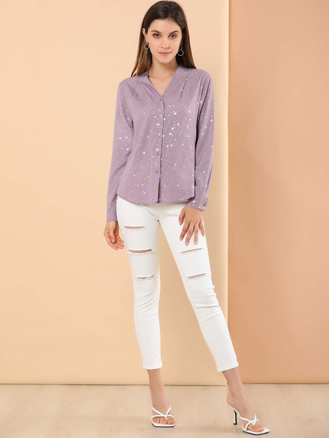 imageAllegra K Womens Metallic Patterned Blouse V Neck Long Sleeve Gilding Sparkly Dots Star TopDark Purple