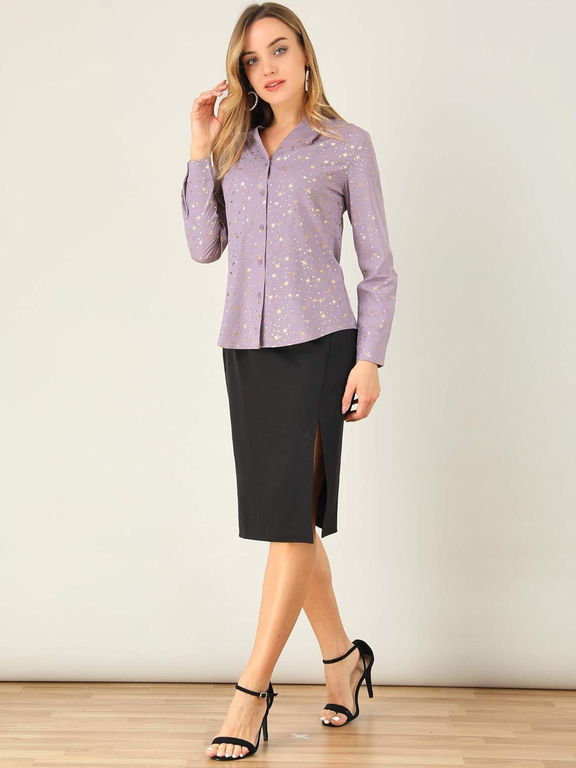 imageAllegra K Womens Metallic Patterned Blouse V Neck Long Sleeve Gilding Sparkly Dots Star TopDark Purple