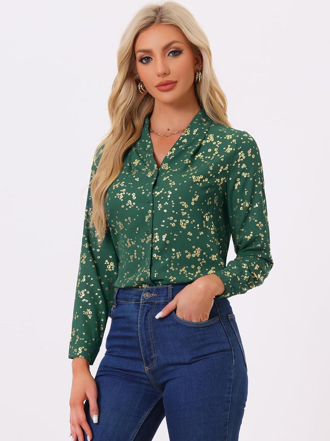 imageAllegra K Womens Metallic Patterned Blouse V Neck Long Sleeve Gilding Sparkly Dots Star TopGreenfloral