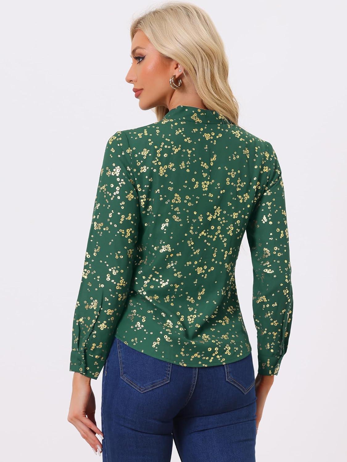 imageAllegra K Womens Metallic Patterned Blouse V Neck Long Sleeve Gilding Sparkly Dots Star TopGreenfloral