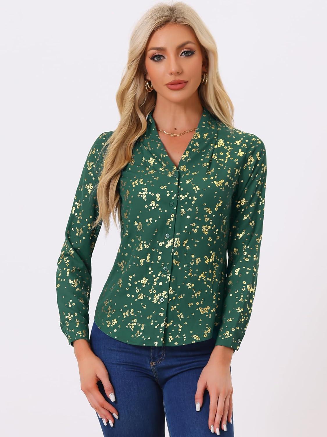 imageAllegra K Womens Metallic Patterned Blouse V Neck Long Sleeve Gilding Sparkly Dots Star TopGreenfloral
