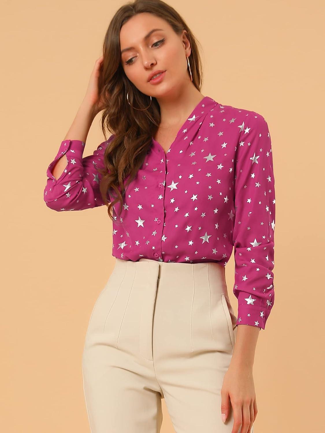 imageAllegra K Womens Metallic Patterned Blouse V Neck Long Sleeve Gilding Sparkly Dots Star TopHot Pink