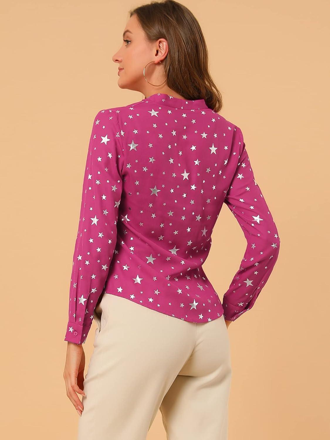 imageAllegra K Womens Metallic Patterned Blouse V Neck Long Sleeve Gilding Sparkly Dots Star TopHot Pink