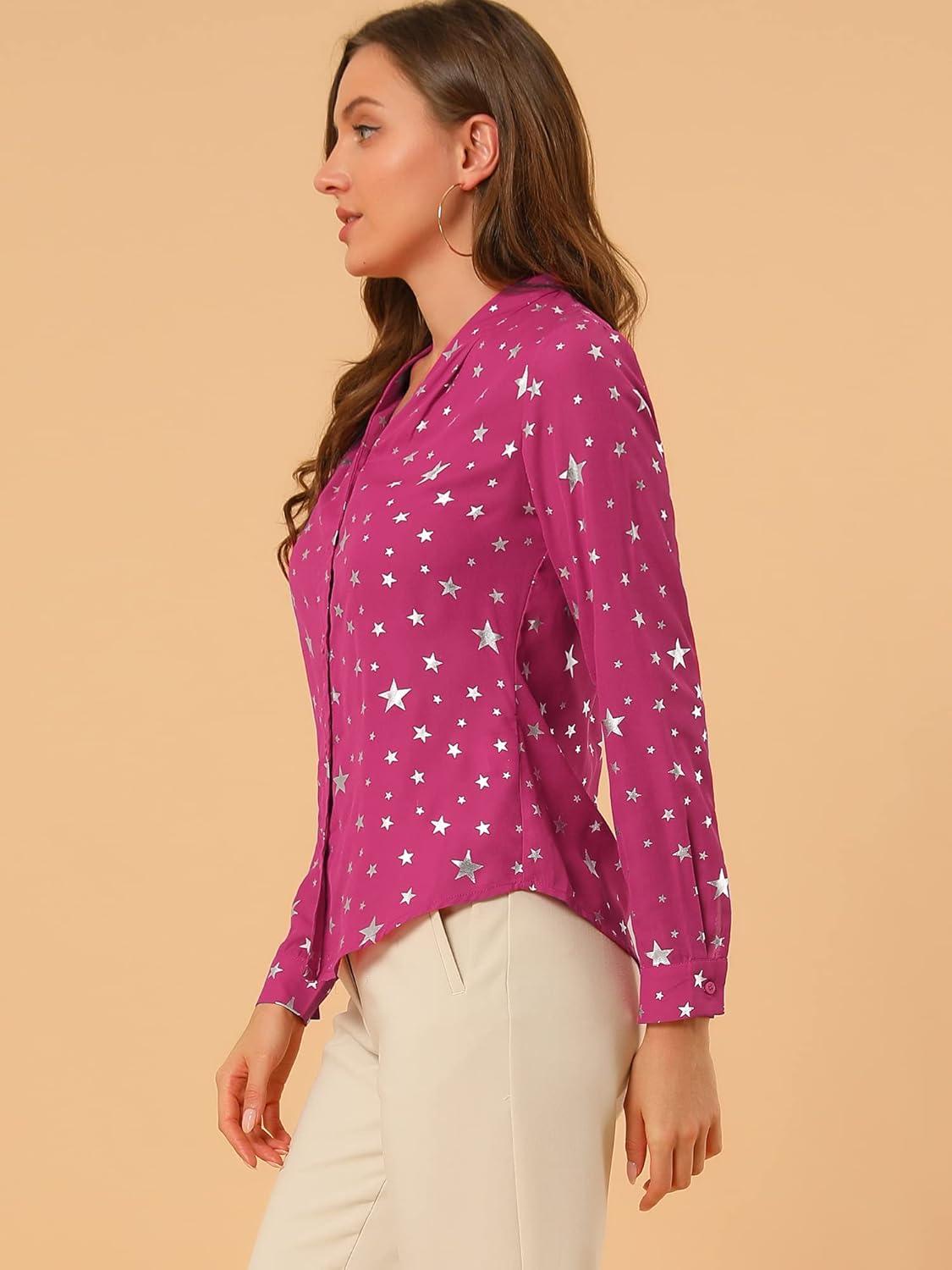 imageAllegra K Womens Metallic Patterned Blouse V Neck Long Sleeve Gilding Sparkly Dots Star TopHot Pink