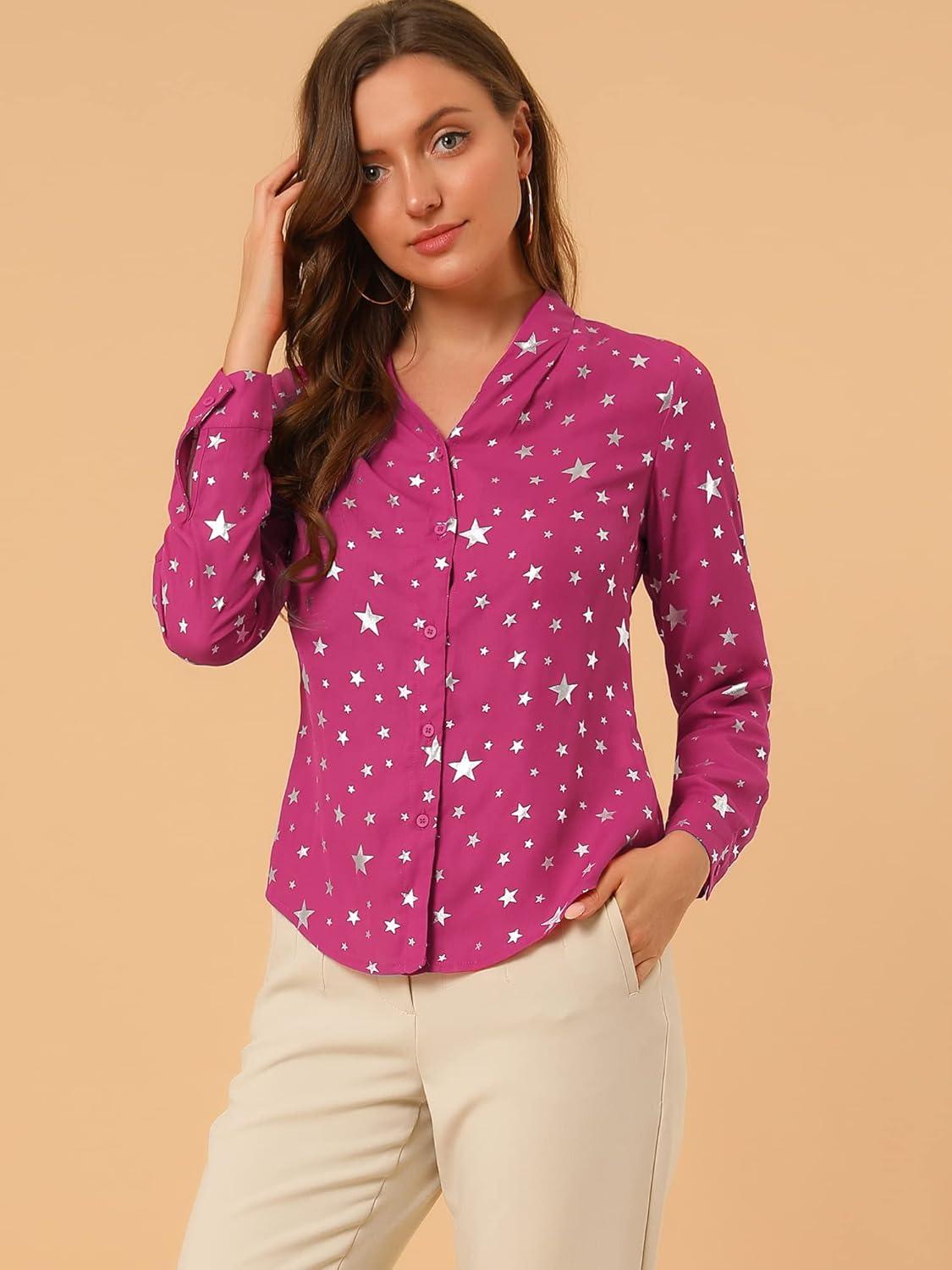 imageAllegra K Womens Metallic Patterned Blouse V Neck Long Sleeve Gilding Sparkly Dots Star TopHot Pink